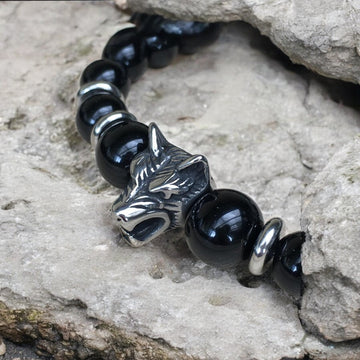 Men's Stretch Bracelet with Stainless Steel Wolf Head Bead