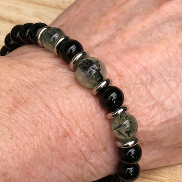 Men's Stretch Bracelet with Prehnite and Onyx