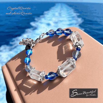 Sparkling Crystal Quartz and Sapphire Aura Quartz adjustable women's bracelet with seahorse charm and stainless steel clasp