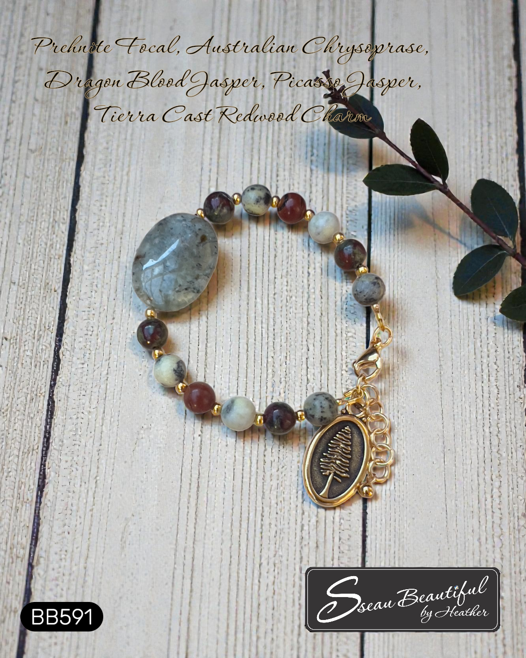 Prehnite, Jaspers, Chrysoprase, Tierra Cast Charm, Adjustable Bracelet