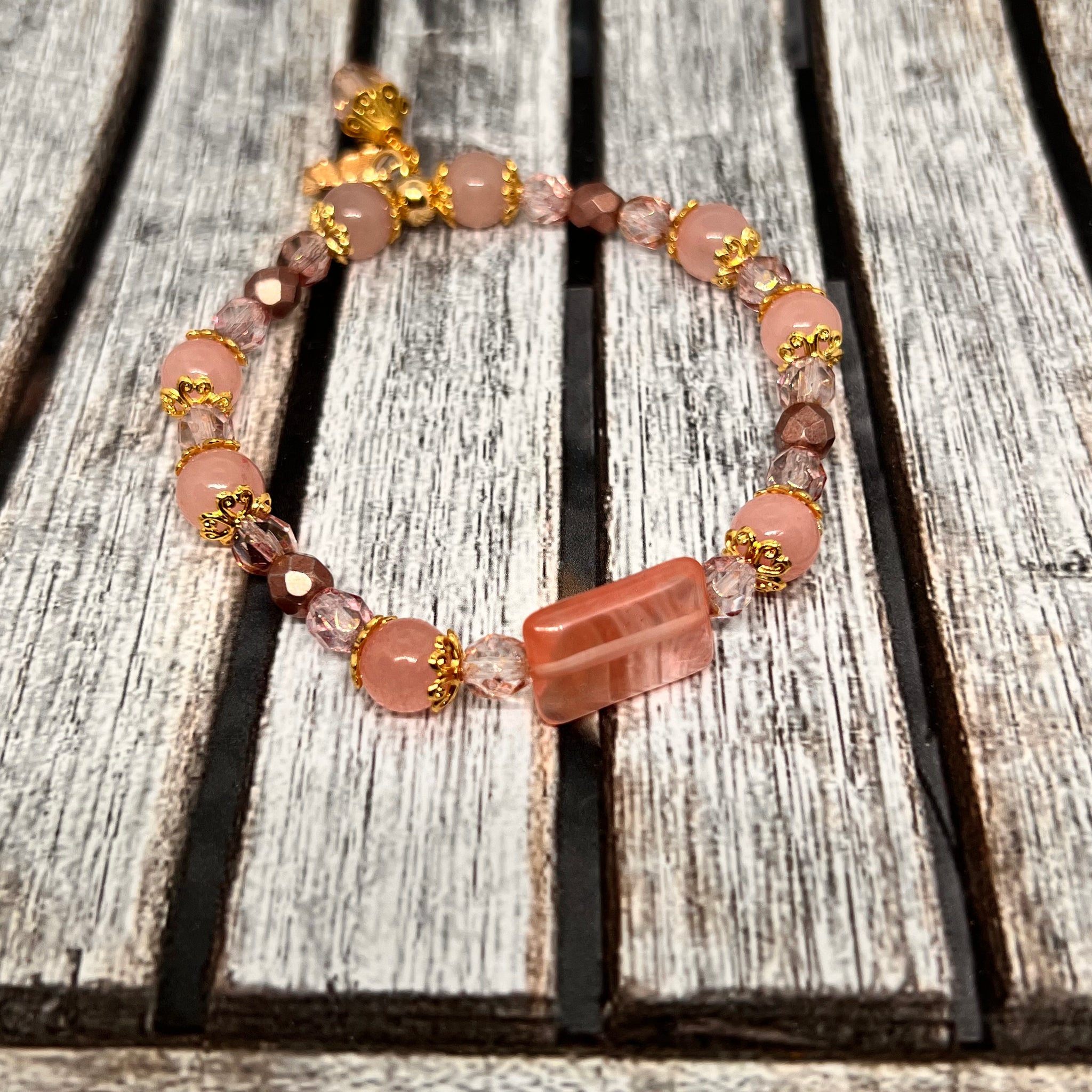 Stretch Bracelet Rose Quartz with Butterfly Charm