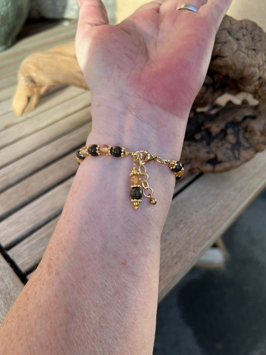 Agate Barrel and Bronzite Adjustable Bracelet with Stainless Steel findings