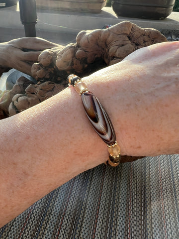 Agate Barrel and Bronzite Adjustable Bracelet with Stainless Steel findings