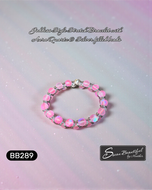 Women's Matte Pink Aura Quartz Goddess Stretch Bracelet with Silver Accents |6.85"