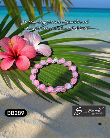 Women's Matte Pink Aura Quartz Goddess Stretch Bracelet with Silver Accents |6.85"