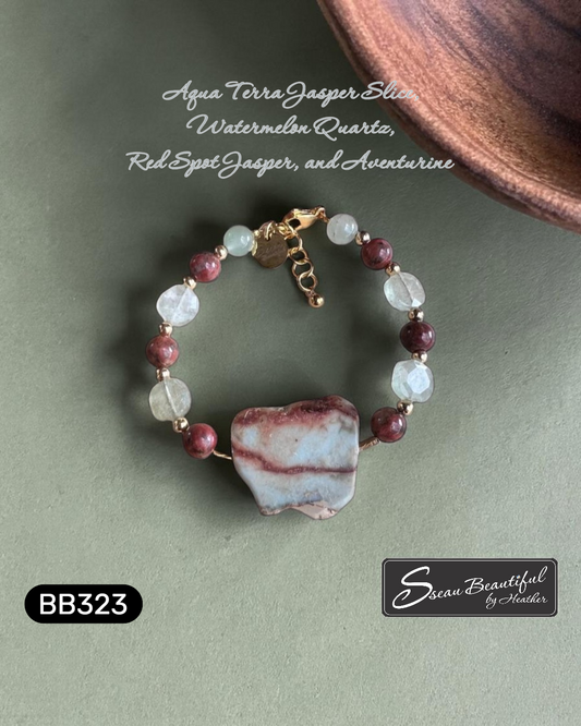 Aqua Terra Jasper & Watermelon Quartz Artisan Bracelet (7" Adjustable)
