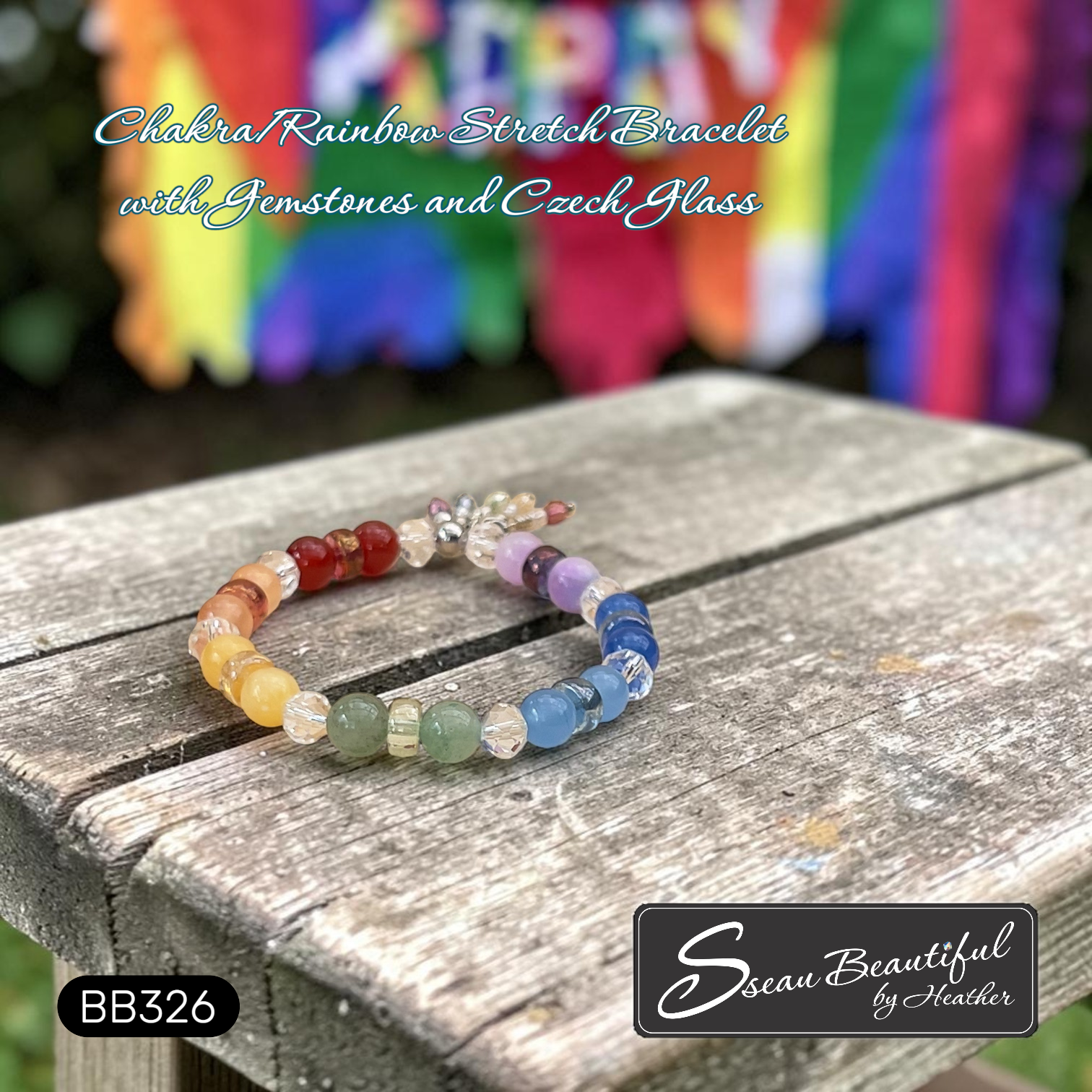 Colorful beaded bracelet on a wooden surface with 'Sseau Beautiful' branding.