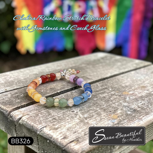 Colorful beaded bracelet on a wooden surface with 'Sseau Beautiful' branding.