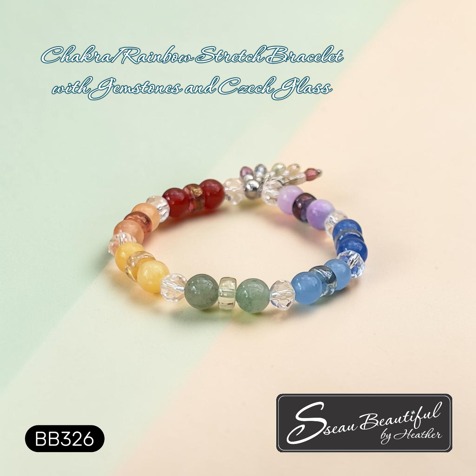 Colorful beaded bracelet with gemstones on a light background, featuring the brand 'Sseau Beautiful by Heather'.