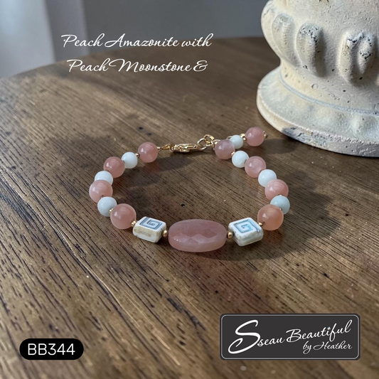 Peach Amazonite & Moonstone Bracelet with Grecian Spiral Accents | 7.09"