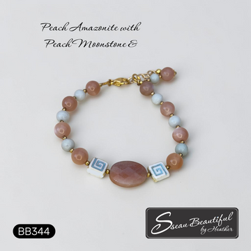 Peach Amazonite & Moonstone Bracelet with Grecian Spiral Accents | 7.09"