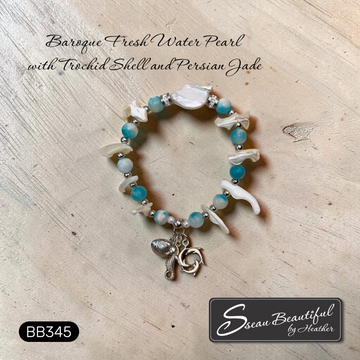 Ocean Breeze Statement Stretch Bracelet with Baroque Pearl and Trochid Shell |7.09"