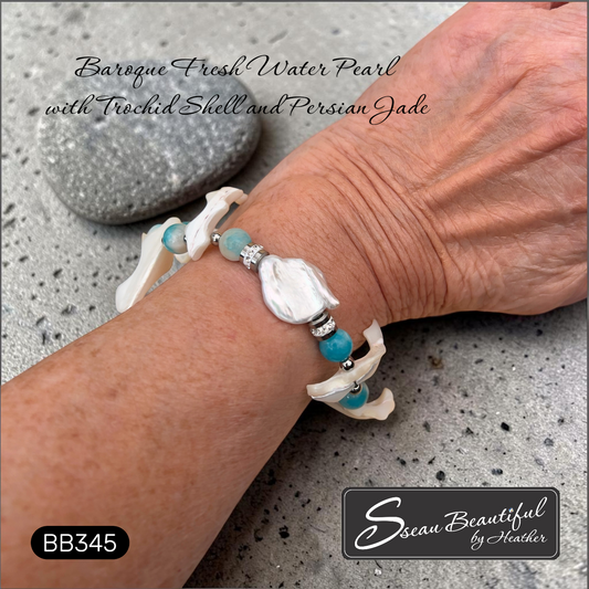 Ocean Breeze Statement Stretch Bracelet with Baroque Pearl and Trochid Shell |7.09"