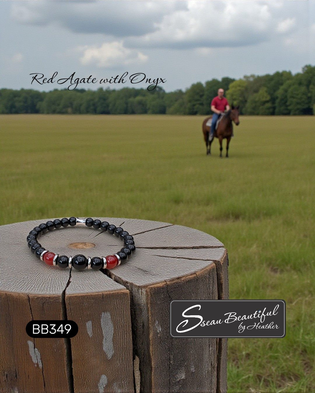 Bracelet on a wooden stump with a person riding a horse in a field, featuring 'Sseau Beautiful by Heather' branding.