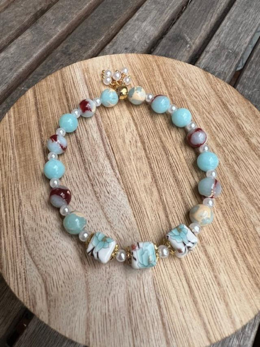 Sea Sediment Jasper with Ceramic Orchid pattern cube beads Stretchy Bracelet