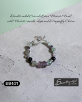 Photo of an adjustable bracelet strung with Fluorite round and chip beads featuring a double-ended carved Lotus Fluorite focal with a lobster clasp, extender, and a dragonfly charm, on a textured surface with descriptive  text, 
