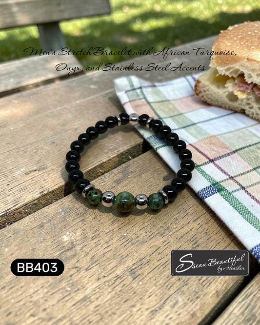 Men's African Turquoise, Onyx, & Stainless Steel Stretch Bracelet