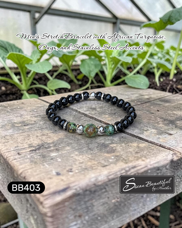 Men's African Turquoise, Onyx, and Stainless Steel Stretch Bracelet