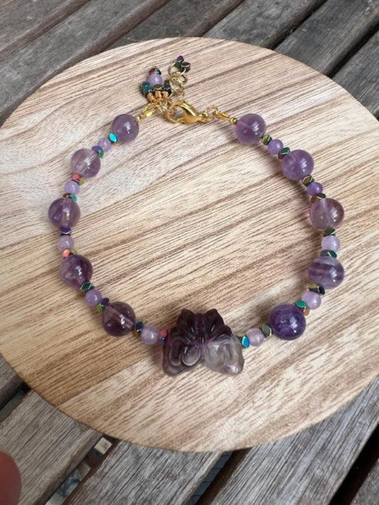 Fluorite Butterfly with Amethyst and Chalcedony Bracelet
