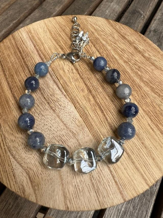 Blue-Grey Glass Oblique with Aventurine and Crystal bracelet