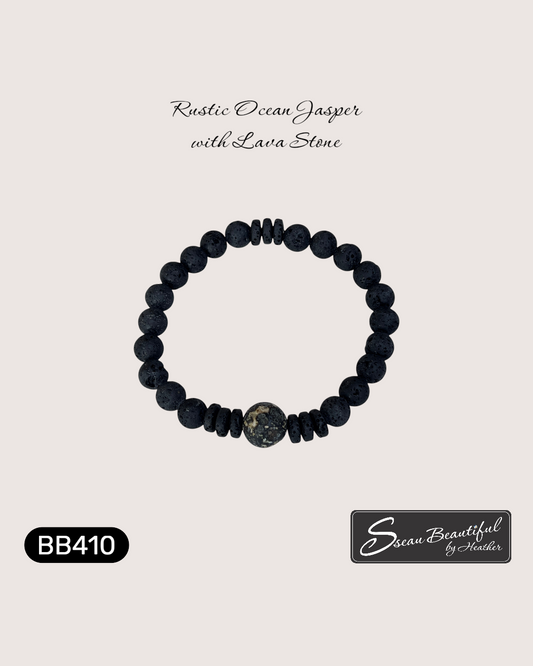 Men’s Matte Black Ocean Jasper & Porous Lava Rock Bracelet | 7.09"