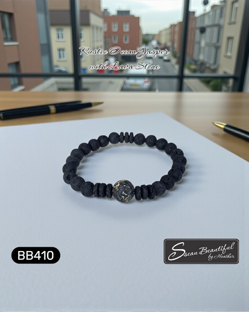 Men’s Matte Black Ocean Jasper & Porous Lava Rock Bracelet | 7.09"