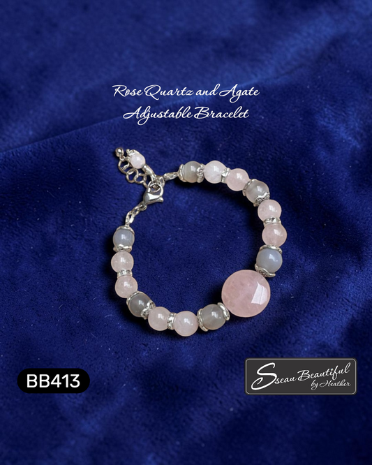 Romantic Rose Quartz and Agate Beaded Adjustable Bracelet