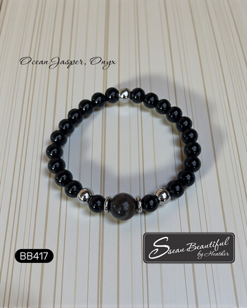 Men's Ocean Jasper and Onyx Stretch Bracelet - Stainless Steel Accents