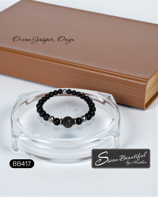 Men's Ocean Jasper and Onyx Stretch Bracelet - Stainless Steel Accents