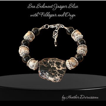 Jasper Slice, Feldspar, and Onyx adjustable Bracelet