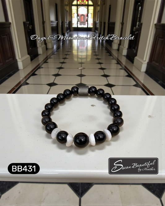 Black Onyx & White Moonstone Unisex Stretch Bracelet | Handcrafted Gift