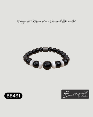 Black Onyx & White Moonstone Unisex Stretch Bracelet | Handcrafted Gift