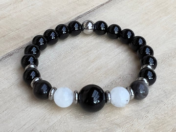 Unisex Moonstone, Silver Obsidian & Onyx Beaded Bracelet