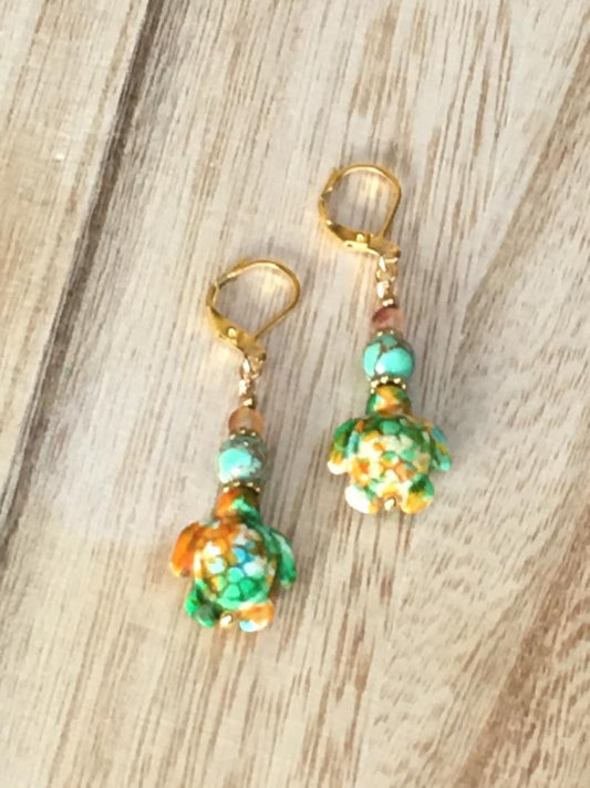 Earrings, Grn & Orange Howlite Turtles, Pine/gold-vein Howlite, and Peacock Agate