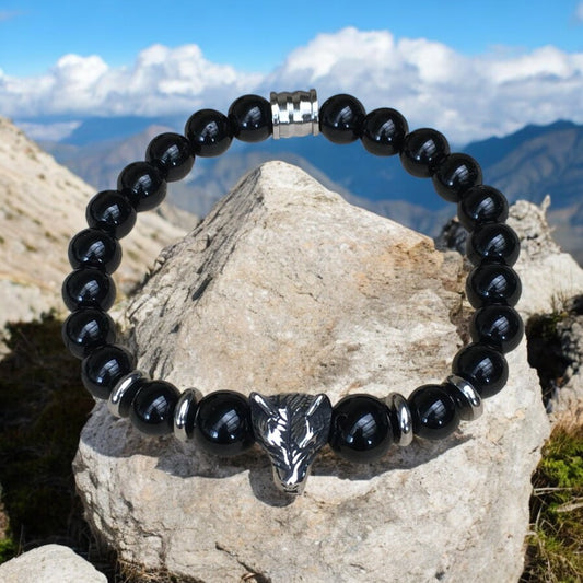 Men's Stretch Bracelet with Stainless Steel Wolf Head Bead