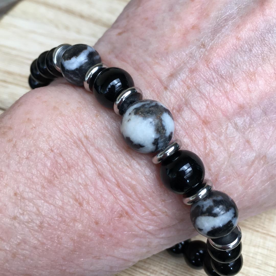 Men's Stretch Bracelet with Black &White Zebra Jasper