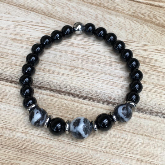 Men's Stretch Bracelet with Black &White Zebra Jasper