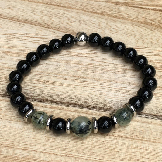 Men's Stretch Bracelet with Prehnite and Onyx