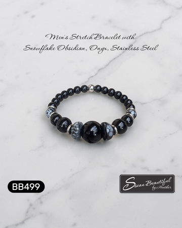 Men's Snowflake Obsidian & Black Onyx Bold Gemstone Stretch Bracelet 7.28 inch