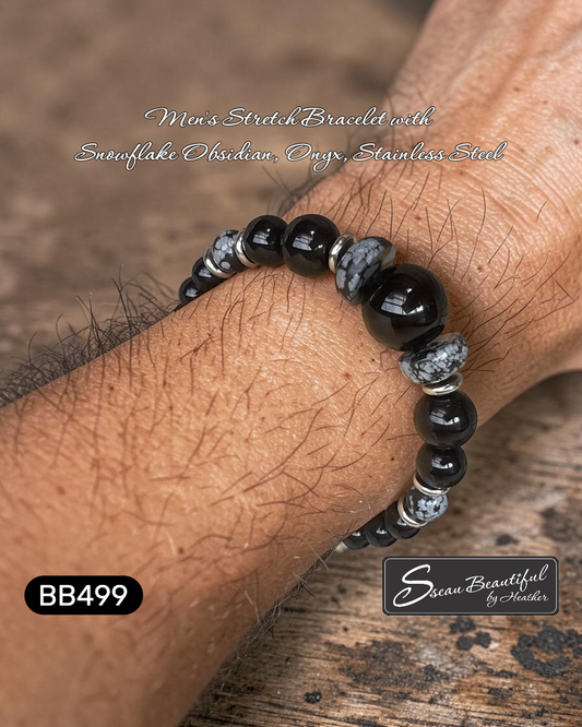 Men's Snowflake Obsidian & Black Onyx Bold Gemstone Stretch Bracelet 7.28 inch