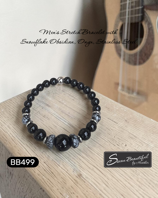 Men's Snowflake Obsidian & Black Onyx Bold Gemstone Stretch Bracelet 7.28 inch