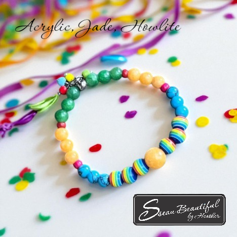 Colorful beaded bracelet on a white background with 'Sseau Beautiful by Heather' branding.