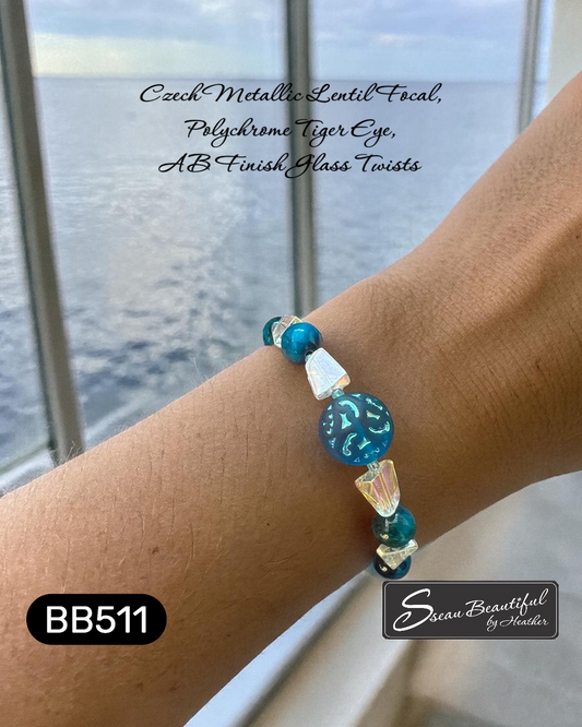Blue Polychrome Tiger Eye & Czech Glass Lentil Bracelet – 6.69" Adjustable