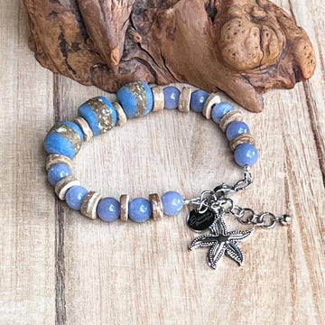 Coastal Serenity: Kente Krobo & Aquamarine Artisan Bracelet |6.5"
