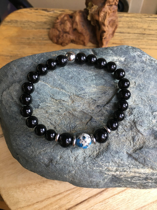 Men's K2 Azurite Granite & Black Onyx Beaded Bracelet | 6.5"