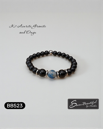 Men's K2 Azurite Granite & Black Onyx Beaded Bracelet | 6.5"