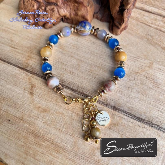 Gorgeous Adjustable Bracelet German Resin, Chalcedony, Cats Eye and Rhodonite