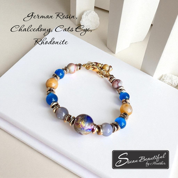 Gorgeous Adjustable Bracelet German Resin, Chalcedony, Cats Eye and Rhodonite