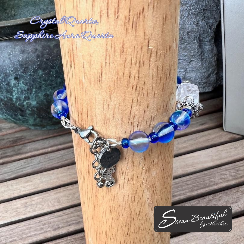 Adjustable bracelet with Crystal Quartz tubes and Sapphire Aura Quartz rounds