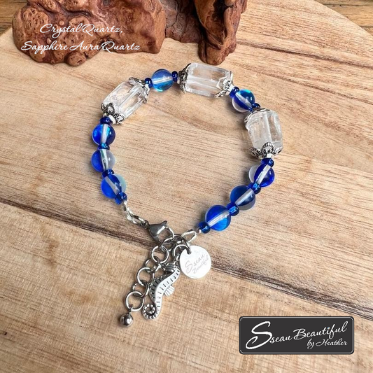 Adjustable bracelet with Crystal Quartz tubes and Sapphire Aura Quartz rounds